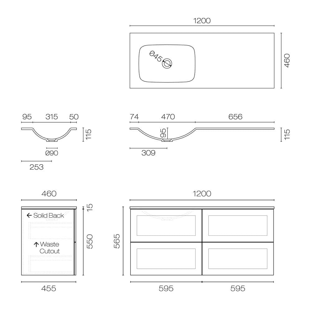 Progetto Hampton Spio 1200 4 Drawer Wall Vanity Left Basin