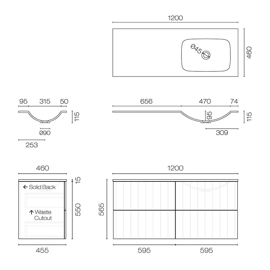 Progetto Linea Spio 1200 4 Drawer Wall Vanity Right Basin