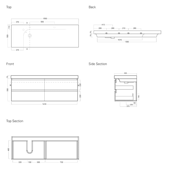 Michel César Grandangolo 1500 Wall Hung Vantiy - 4 Drawers (Bench on Left)