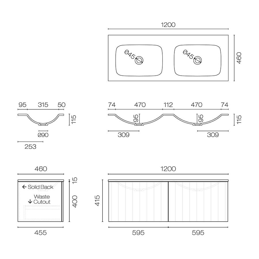 Progetto Linea Spio 1200 2 Drawer Wall Hung Vanity Double Basin