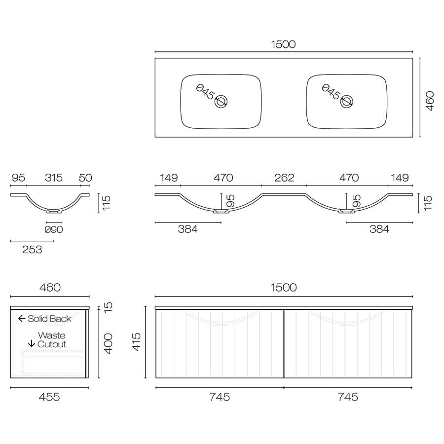 Progetto Linea Spio 1500 2 Drawer Wall Vanity Double Basin