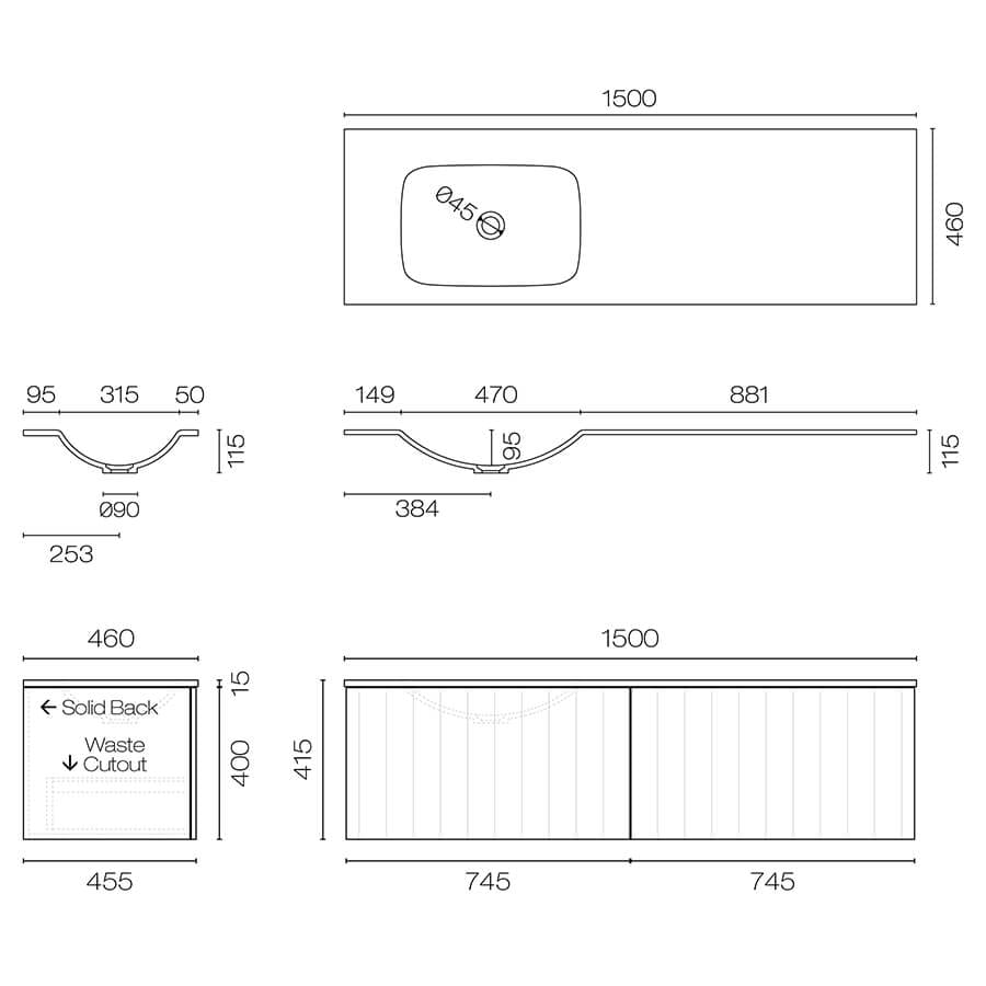 Progetto Linea Spio 1500 2 Drawer Wall Vanity Left Basin
