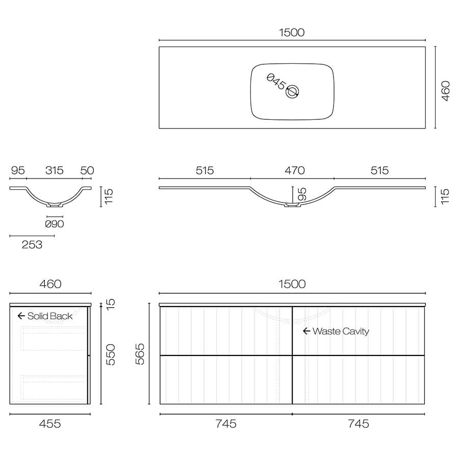 Progetto Linea Spio 1500 4 Drawer Wall Vanity Centre Basin