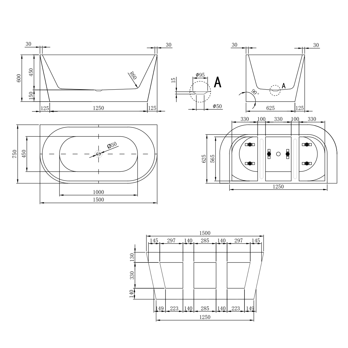 Enya Avalon II Back To Wall Freestanding Bath 1500 - Image 2