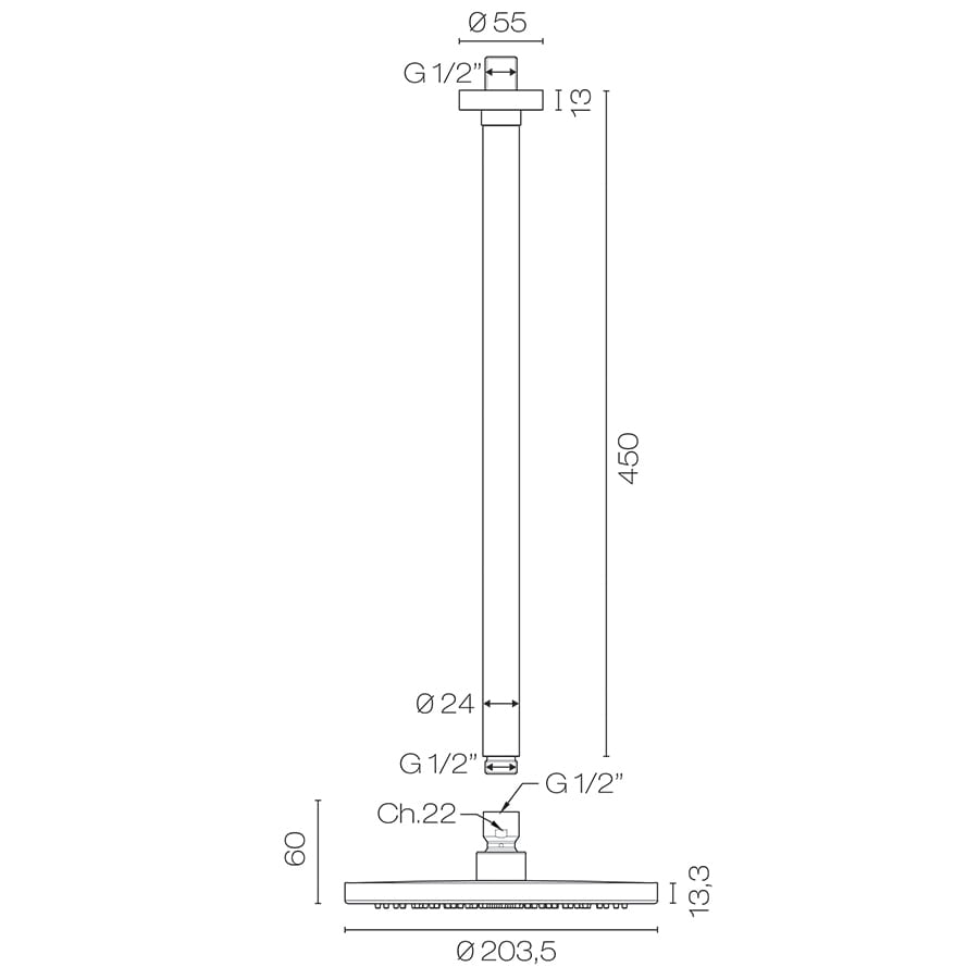 Progetto Buddy 200mm Ceiling Mount Rainhead with 450mm Arm - Image 2