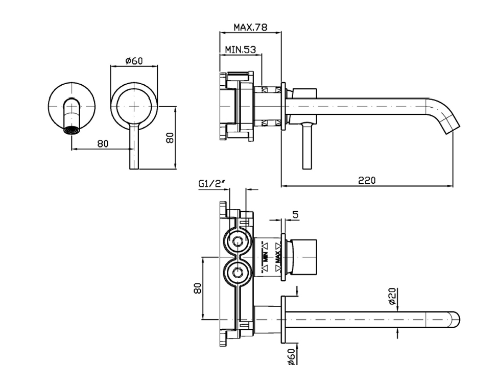 Pan S 2TH Wall Mounted Basin Mixer 220MM - Image 2